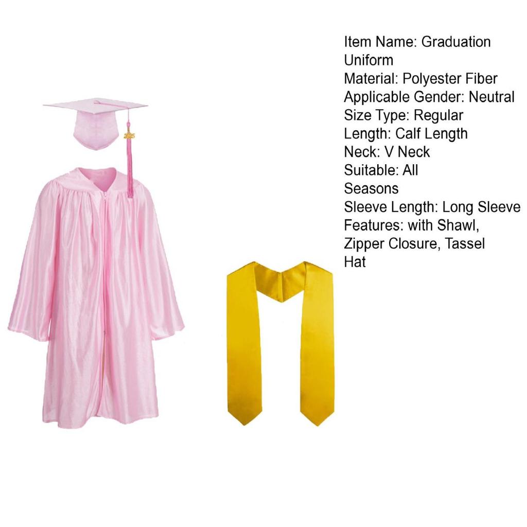 3 Pcs/Set Children Kindergarten Graduation Uniform with Tassel Hat And Shawl V Neck Calf Length Long Sleeve Zipper Closure Elementary Graduation Robe
