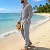 Men's Linen Long-Sleeve Lapel Shirt & Straight-Leg Pants Set for Casual Spring/Autumn Beachwear