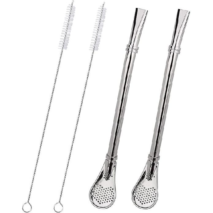 Bombilla Mate Yerba, 2 Pack Bombilla Yerba Mate Straw Filter, 2 in 1 Metal Straws Reble 304 Food-Grade Short Stainless Steel Straws Spoon Straw 6.2 2+2