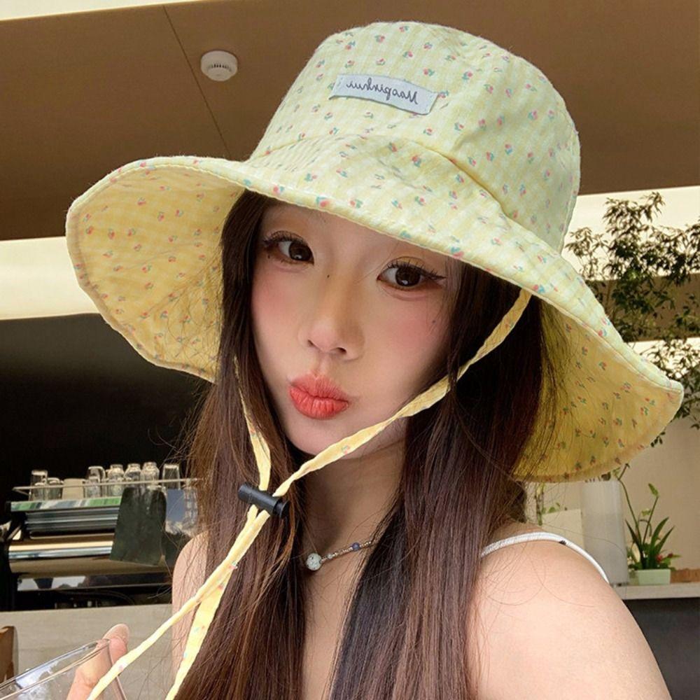 Floral Plaid Fisherman Hat Adjustable Sunscreen Hat Fashion Sunshade Hat  Summer