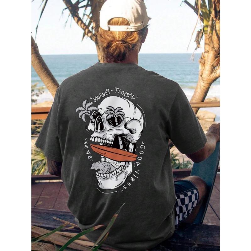 Summer Men's 100% Cotton Casual Loose Plus Size Personalized Skull Pattern Printed Round Neck Short Sleeved T-shirt Top