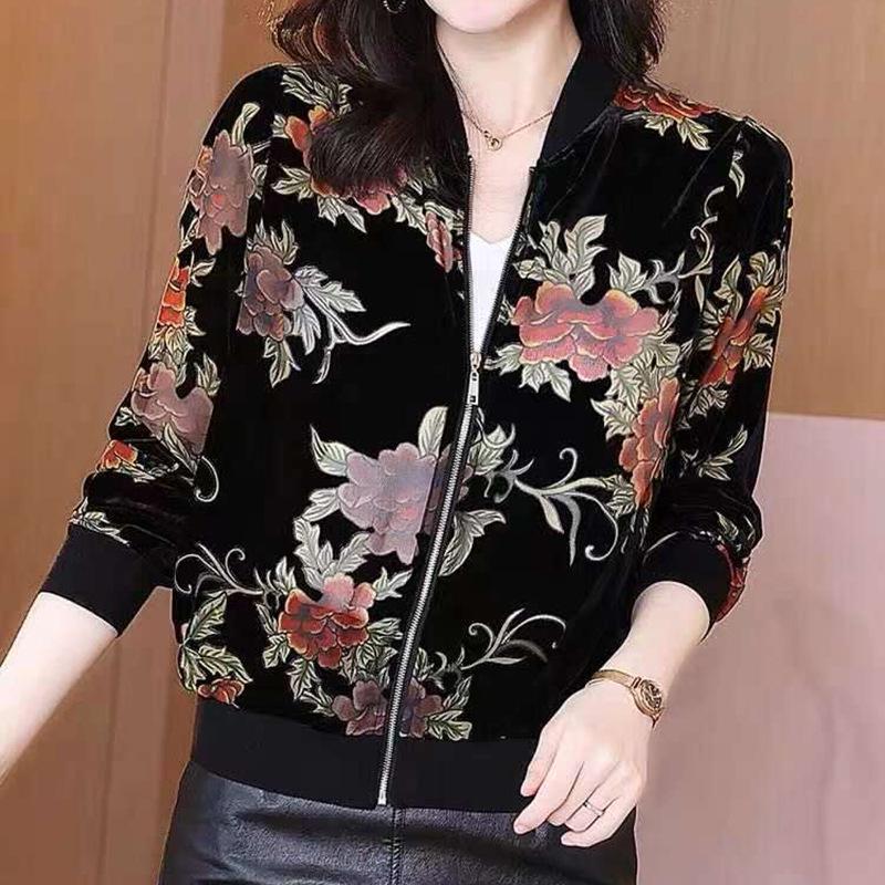 Women's Golden Velvet Short Jacket - Spring & Autumn 2026 Fashionable & Age-Reducing Mom's Elegant Baseball Top.