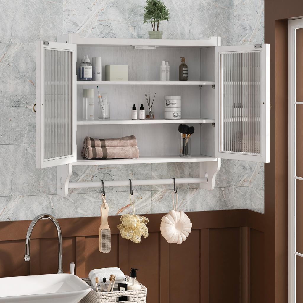 60CM Glass Door Vintage Double Door Wall Cabinet with Three Tiers of Storage with Towel Rack, for Bathroom, Kitchen,Dining Room, White Washed