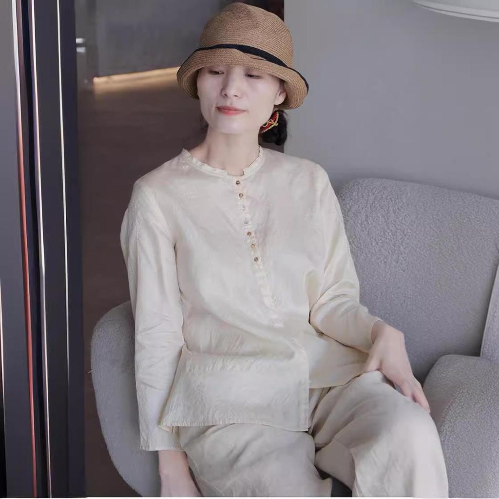 Autumn 2021 Retro Chinese Style Tussah Mulberry Silk Stand Collar Loose Long Sleeve Casual Women's Shirt