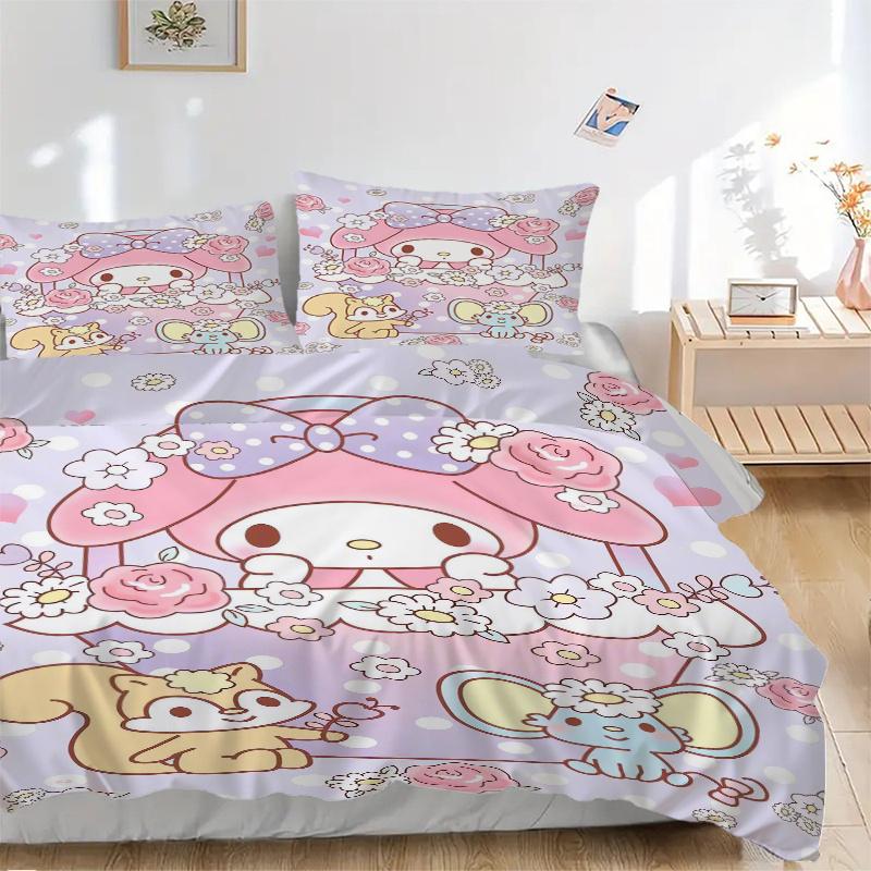 

3pcs My Melody and Small Animals Pattern Bedding Set, 1* Cover + 2*Pillowcases, Printed Bedding Set, Soft and Comfortable, Suitable for Bedr 135x200cm