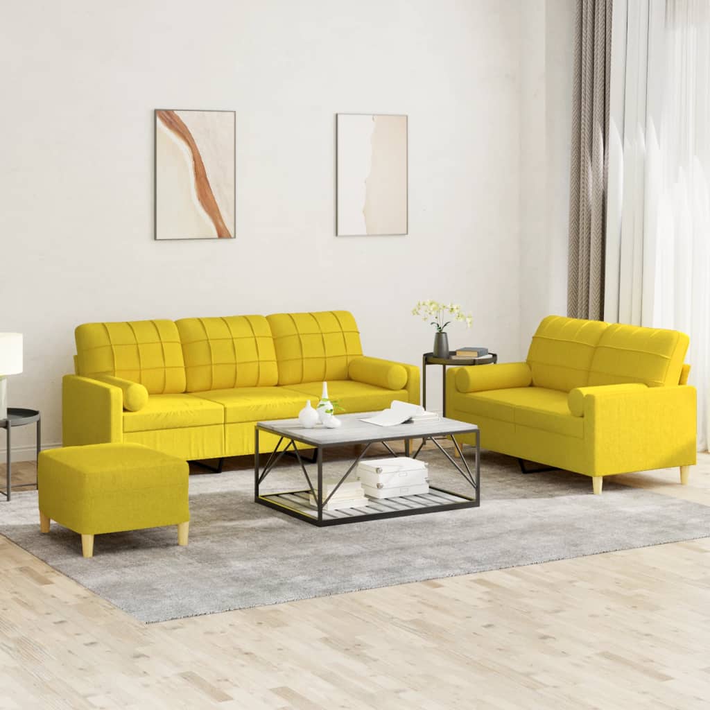 Vidaxl 3-Cz. Living Room Set With Cushions, Light Yellow, Fabric