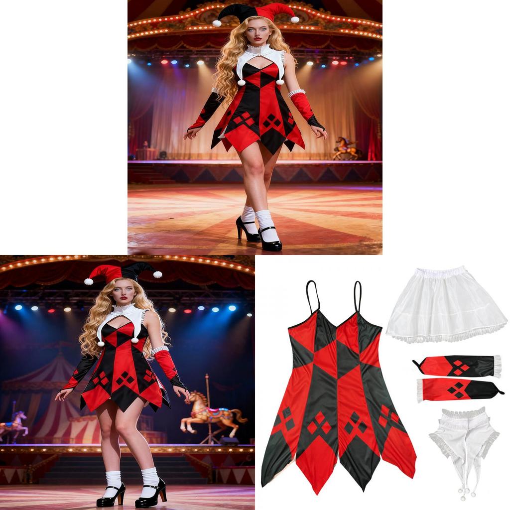 Costum de clovn de Halloween pentru femei din țesătură de poliester cu tematică fantasy pentru spectacol pe scenă