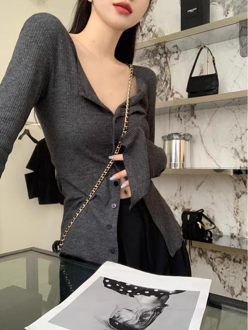 

Autumn/Winter Women s Chic Waist-Hugging Knit Cardigan - Slimming Long-Sleeve Base Layer Shirt Extra Large серый
