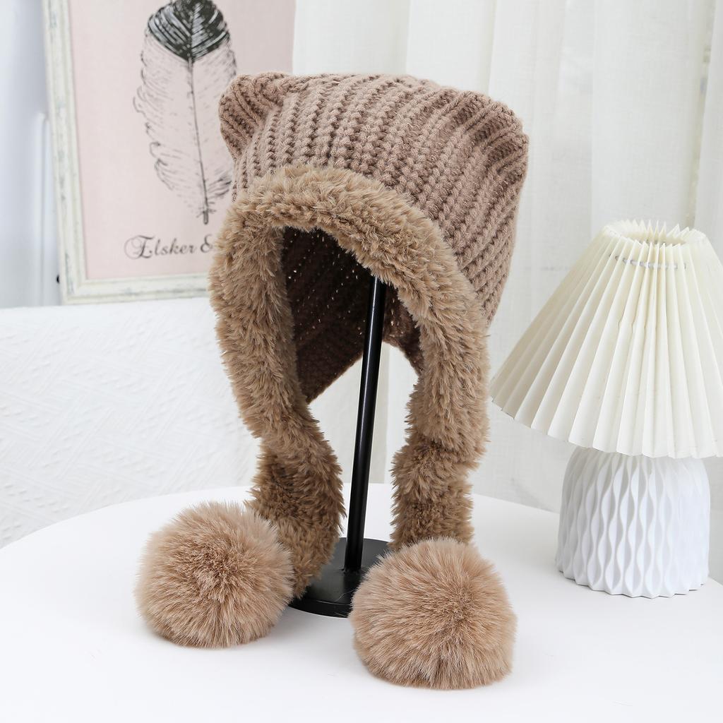 The New Autumn and Winter Cat Ear Double Tail and Two Wool Knitted Cap Is Windproof Ear Protecting  Warm Fashionable  Versatile and Cute Woolen Cap
