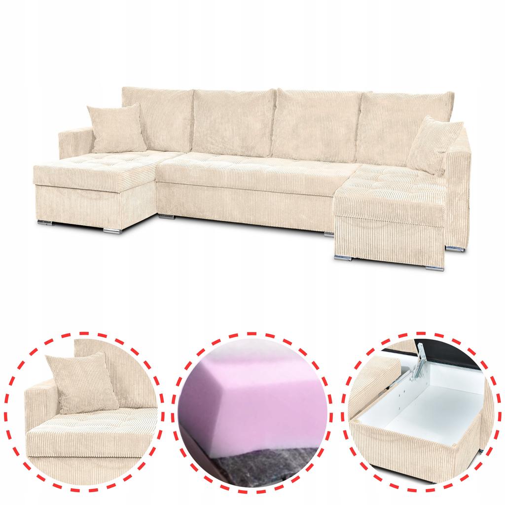 Bonito BIG Corner Sofa Bed with Sleeping Function Family Meble Corduroy Beige