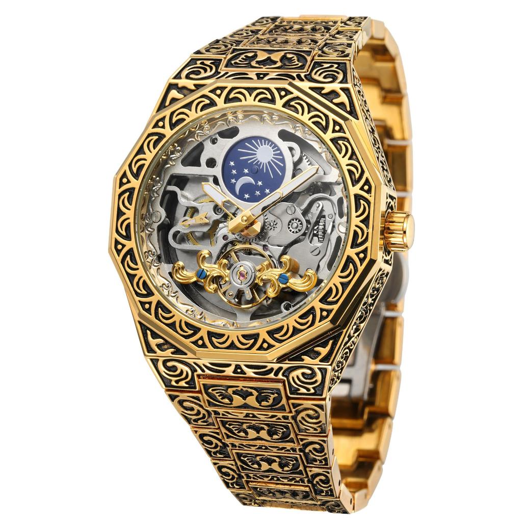 FORSINING Mens Luxury Engraving Wrist Watches Unique Tattoo Pattern Carved Stainless Steel Band Luminous Automatic Skeleton Watch
