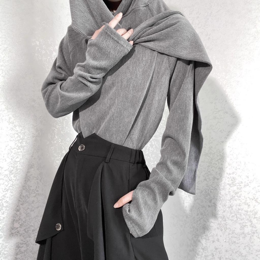 Bluză de bază cu guler eșarfă și glugă Pulover original Yohji Yamamoto Top cu mânecă lungă Bărbați și Femei