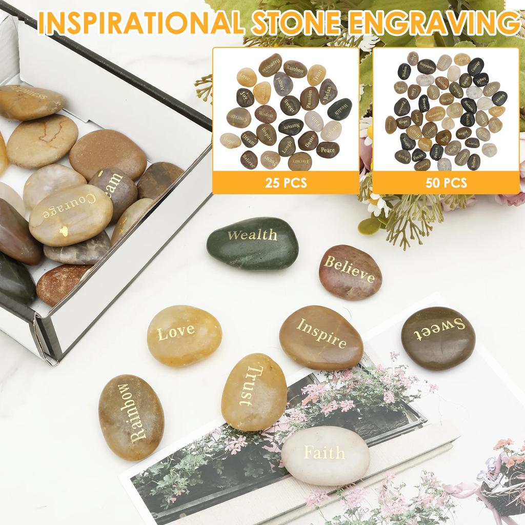 25/50Pcs Natural Engraved Pebble Crystal Agate Engraving Inspirational Letters for Garden Decor Fish Tanks Air Plant Home Decor