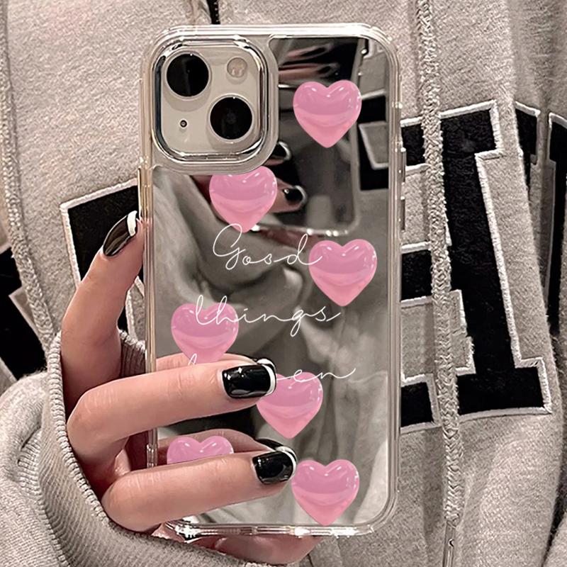 Pink Heart Pattern Mirror Phone Case For IPhone 17 16 Plus 15 14 11 12 13 Pro Max 17E 16E Shockproof Soft Protective Back Cover