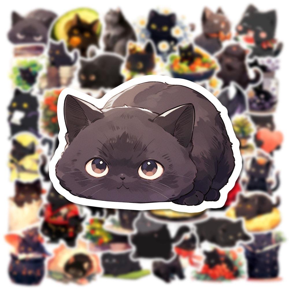 50 100Pcs Cute Black Cat Stickers Laptop Phone Case Notebook Scrapbooking Car Vinyl Waterproof Cartoon Cats Decal Kids Gift Toy