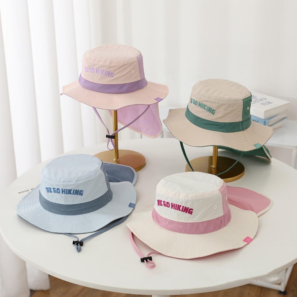 Kids Bucket Hat WEGO Letter Embroidery Color Block Thin Quick-Dry Sun Hat with Neck Flap UV Protection for Outdoor Activities