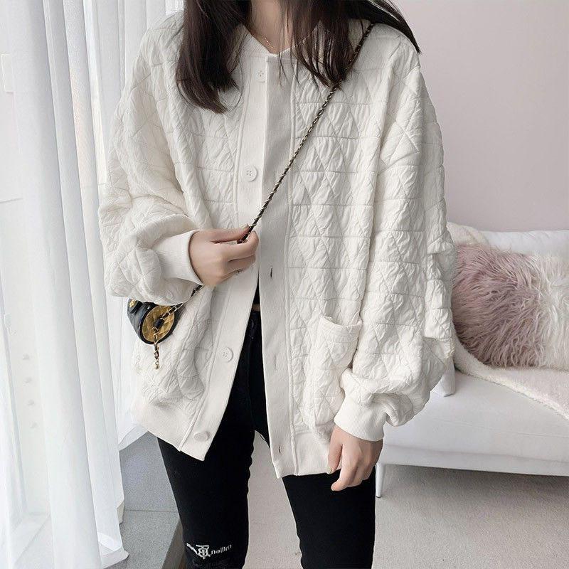 Women's Spring and Autumn Mid Length Solid Color Simple Diamond Grid Coat Loose Long Sleeve Round Neck Baseball Jacket