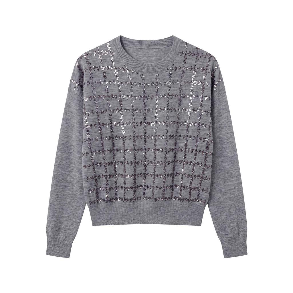 2026 Autumn Wool Sweater: Sequin Knit, Long Sleeve, Round Neck, Loose Fit, Slimming Grid Pattern