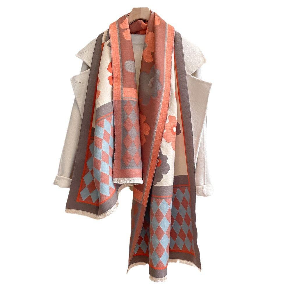 Flower Plaid Knitted Scarf Korean Style Floral Print Scarf Trendy Winter Cashmere Shawl  Lady