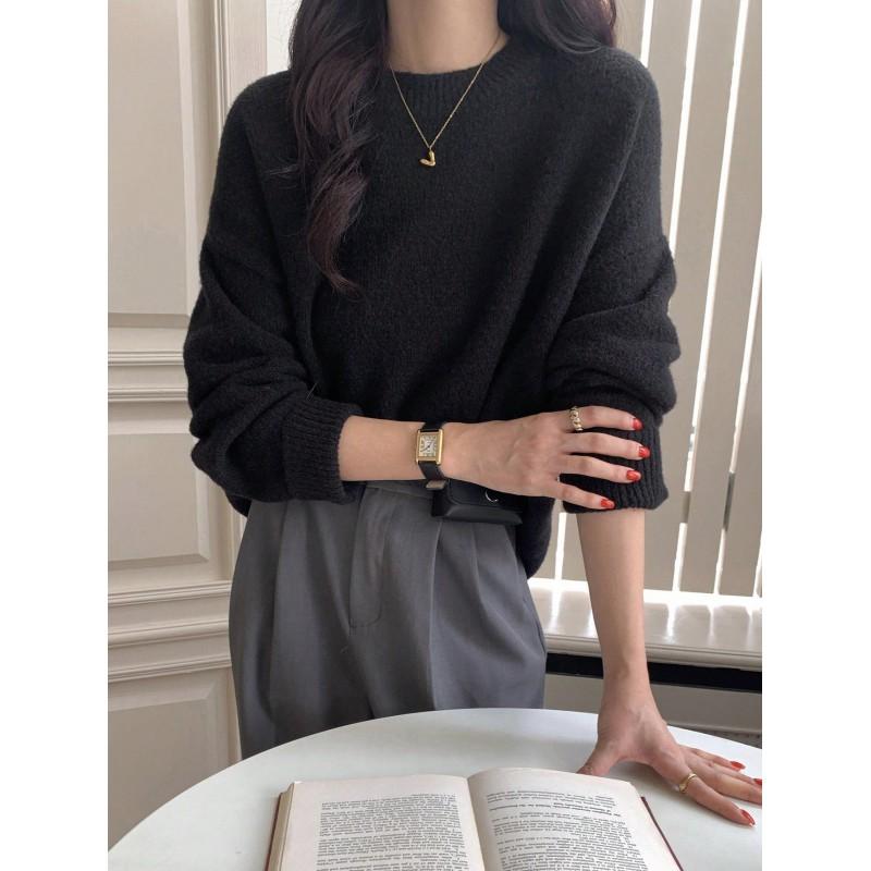 Womens Oversized Crew Neck Knit Sweater Loose Fit Casual Pullover Winter Solid Color Acrylic Blend
