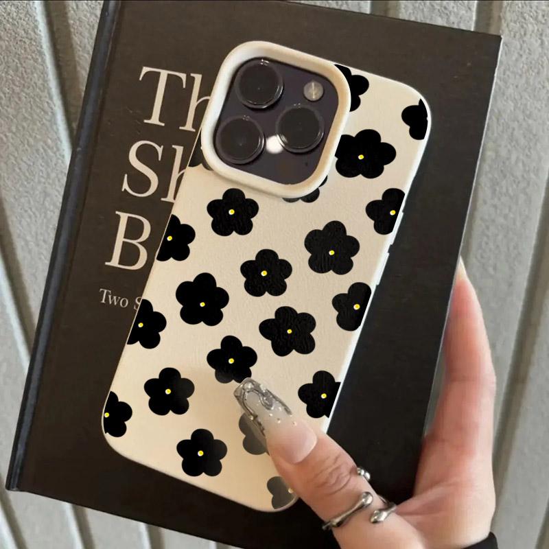

Cute Black Flower Pattern Lychee Phone Case For iPhone 17 Pro 16 15 14 Plus 13 12 11 Pro Max 16 Plus Air X XR XS Max Soft Cover iPhone 15