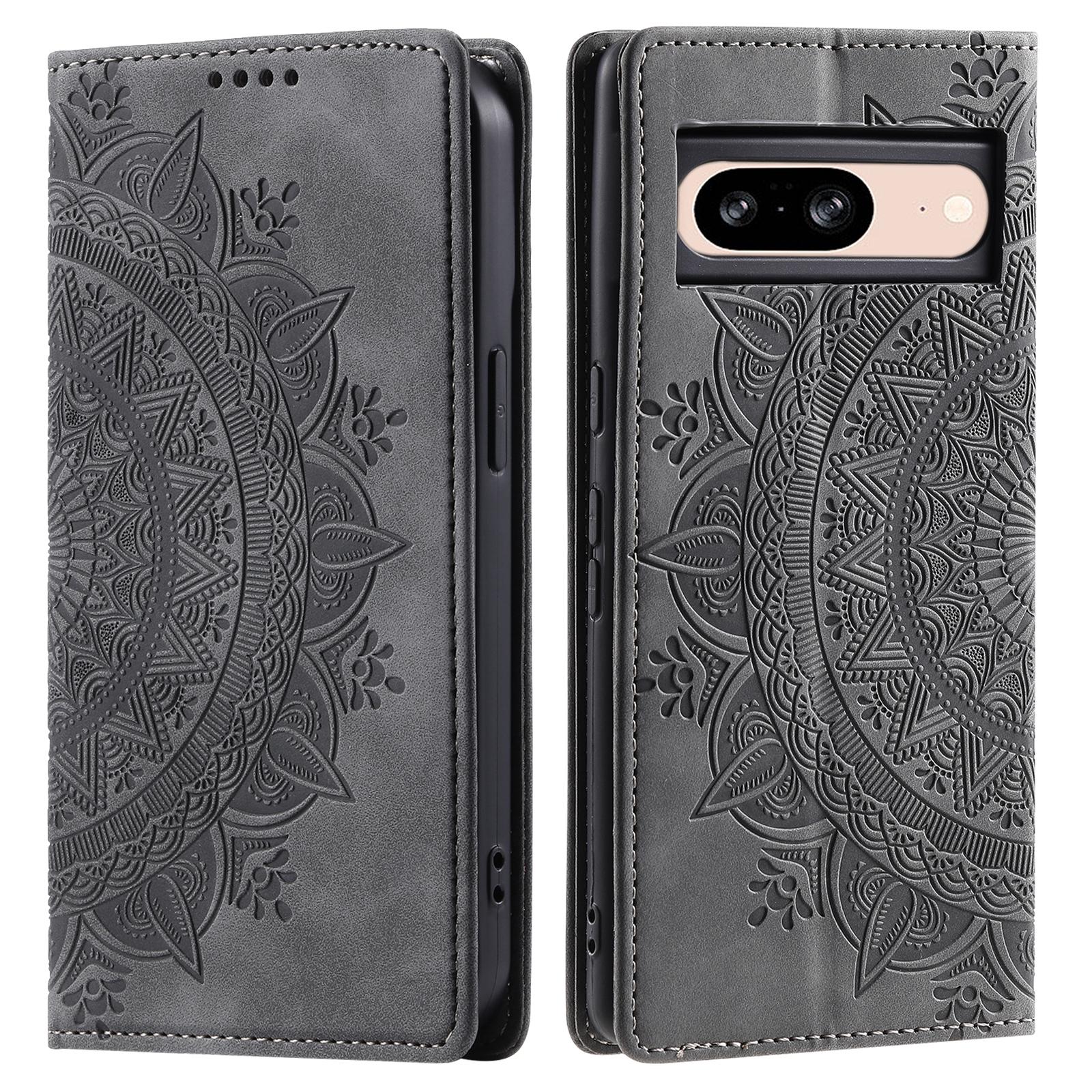 

For Google Pixel 9/Pixel 9 Pro Magnetic Phone Case Leather Imprinted Mandala Flower Pattern Cover Grey