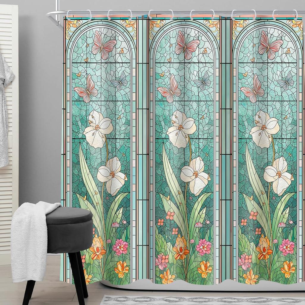 Barevná sprchová závěs Květinový design s motýly Vintage Art Deco Dekorace koupelny Voděodolná látka Elegantní interiér domu