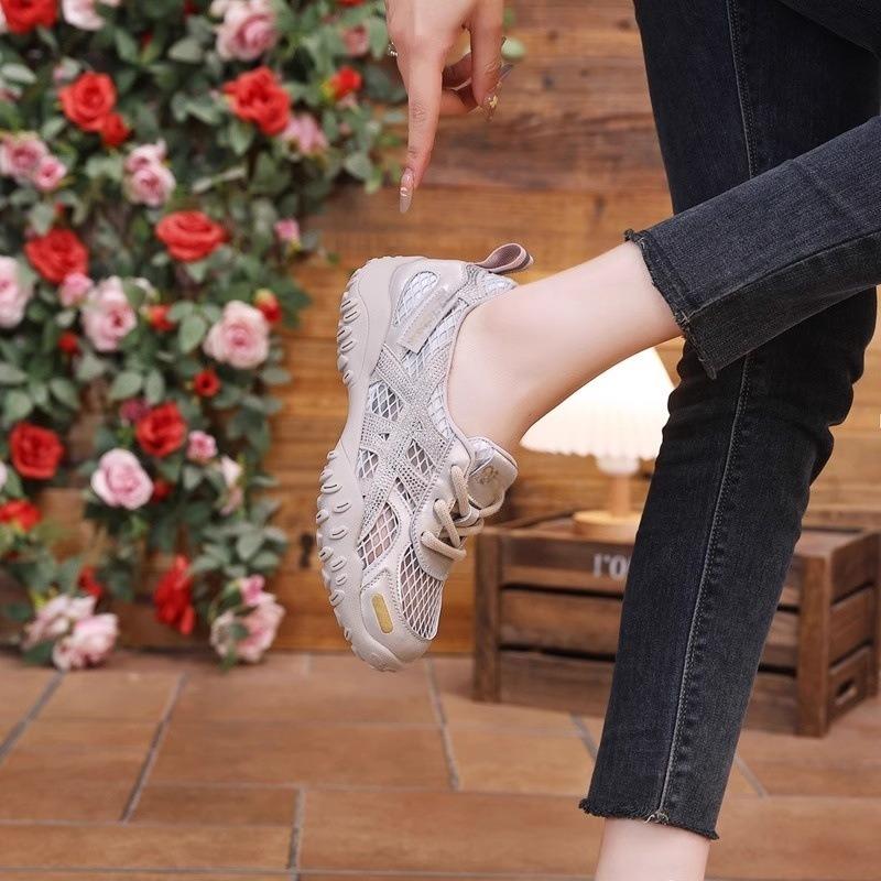 Leather heightened 4cm thick-soled women's summer new thin and breathable single-net casual soft-soled sports shoes