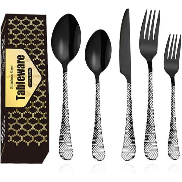 Matte Black Silverware Set,20-Piece Forged Silverware Set Stainless Steel Flatware Set Service for 4,Mirror Polish Tableware Dishwasher,Modern Tableware
