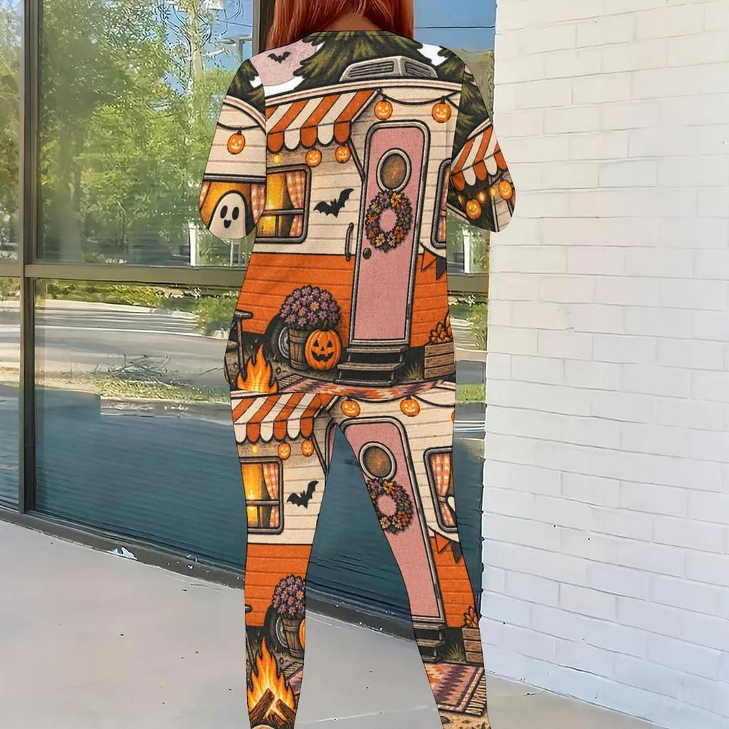 Women Plus Size Round Neck Long Sleeve Bee Pumpkin Printed Top And Fitted Pants Two Piece Set