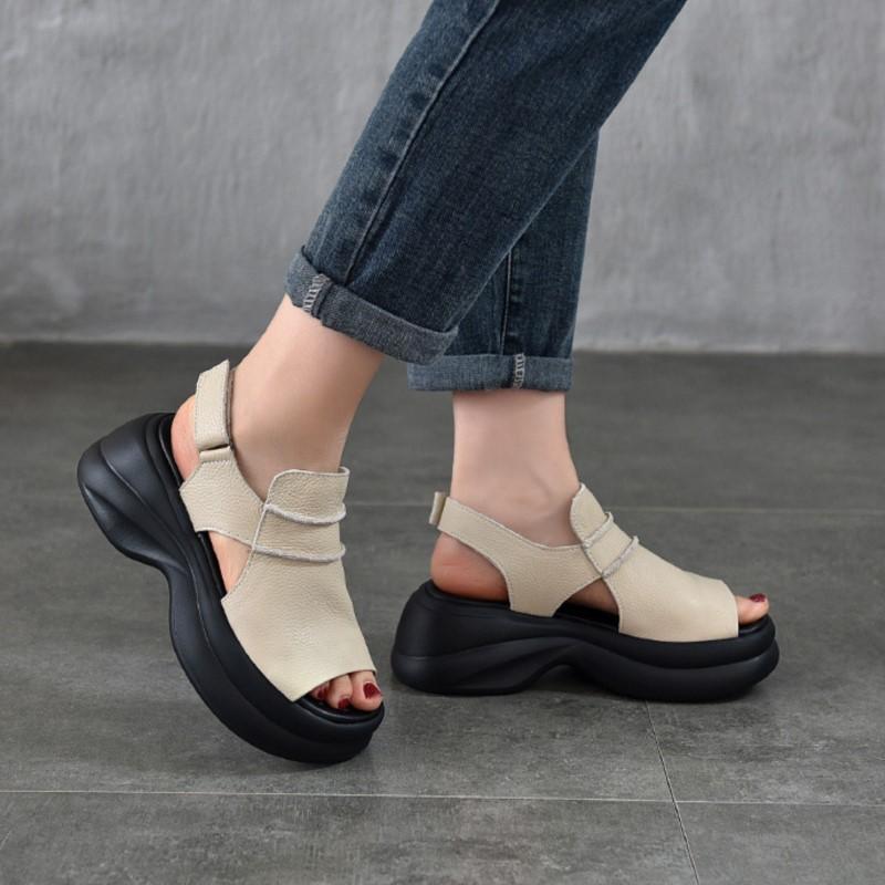 Johnature Sandálias Leves de Sola Grossa com Peep Toe Versátil Casual Couro Genuíno Sola Macia Sapatos Femininos