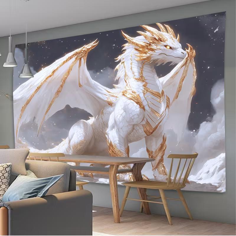 2D Sternenhimmel Weißer Drache Wandteppich Moderne Fantasy Wohnraum Hintergrundtuch