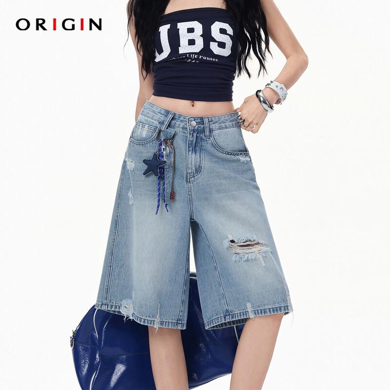 ORIGIN High-Waist Ripped Washed Denim Jeans L