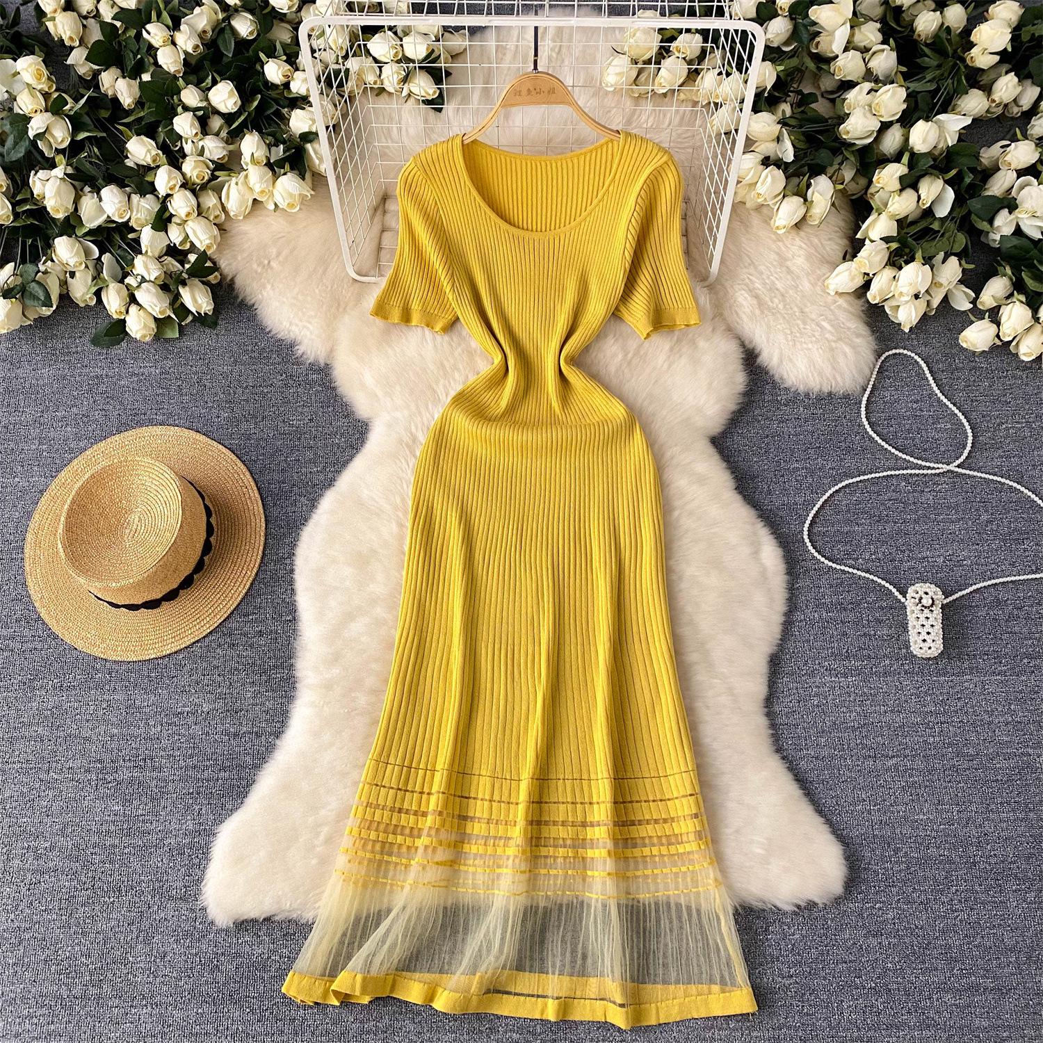 

French High-End Women s Summer Ice Silk Knit Mesh Patchwork Dress: Waist-Cinching A-Line Mid-Length Skirt One Size [Recommended up to 125 pounds]