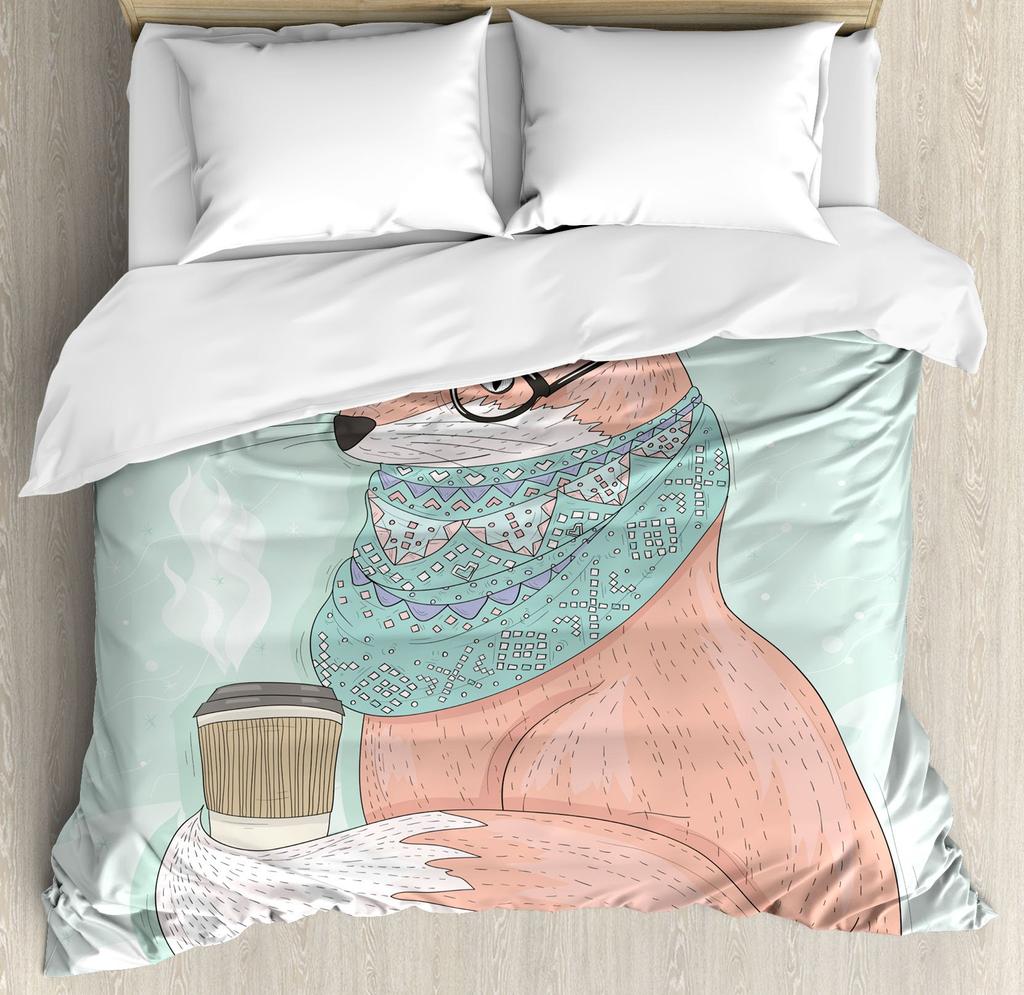 Girls Cartoon Fox Duvet Cover Set Cute Fox Bedding Set Kawaii Animals Comforter Cover Botanical Floral Bedspread Cover Full Size