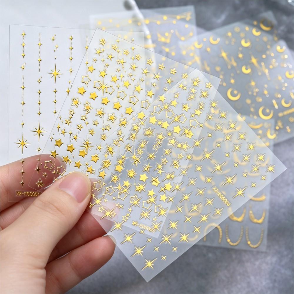 6sheets 3D Bronzing Gold Star Moon Nail Sticker Metal French Chain Star & Starlight Nail Decals Self-Adhesive Nail Decora 8*10cm