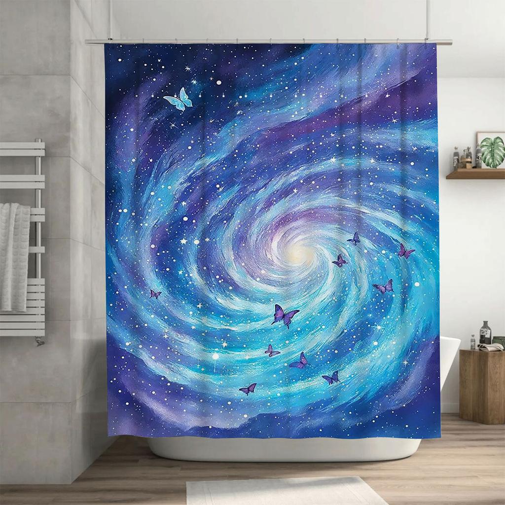 Galaxy Swirl with Butterflies Waterproof Shower Curtain Heat Resistant Machine Washable Non-Transparent 180x180cm
