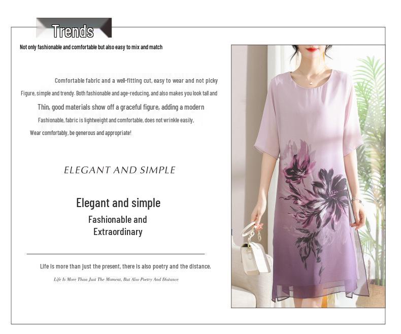 2026 Summer Chiffon Dress for Middle-Aged & Elderly Women - Mid-Length, Plus-Size, Belly-Concealing