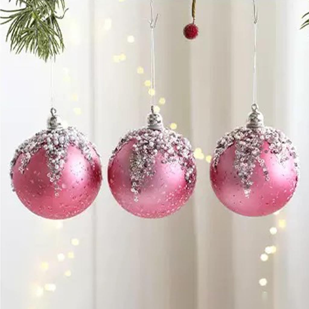 3Pcs Pink Christmas Balls Ornaments 8cm Glitter Pearl Baubles for Christmas Tree Elegant Decoration Apartment New Year Winter