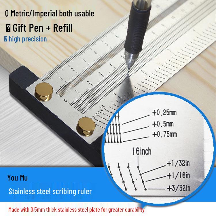 High-Precision Stainless Steel T-Square Scriber Ruler (Inch/Metric)