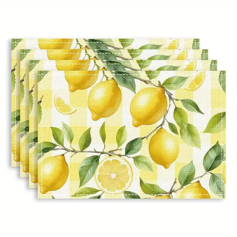 4pc Lemon Printed Summer Linen Placemat Fresh Holiday Dining Table Mat Decoration for Wedding Party Home Gathering