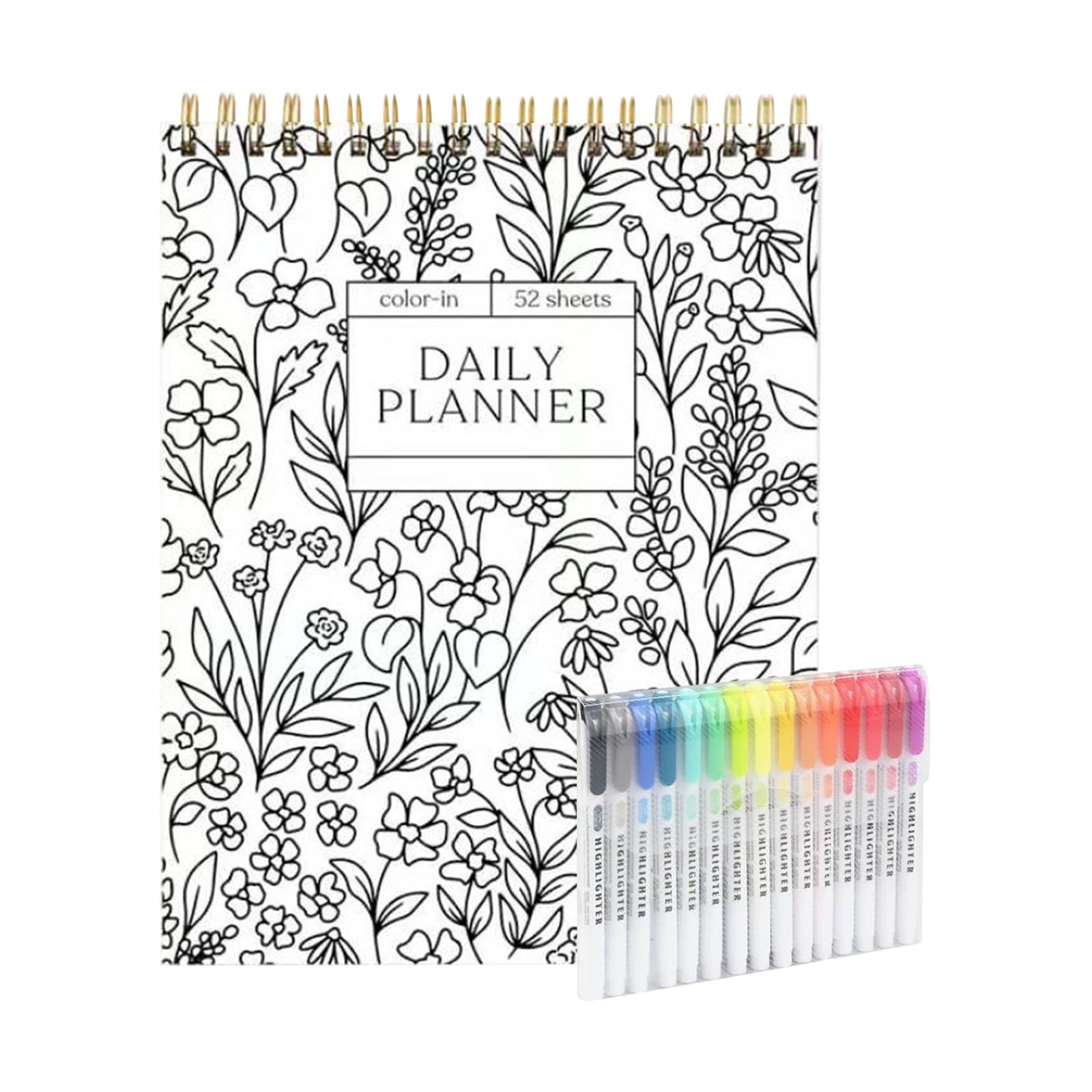 

Красочный спиральный блокнот и ежедневник, красивый цветочный дизайн дневника, цветочные заметки раскраска, оснащен 15 маркерами 1 мл One Size