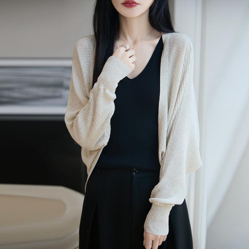 2026 Summer Women's Tencel Linen Knit Cardigan: Long Sleeve, Solid Color & Striped, No-Button Shawl Top