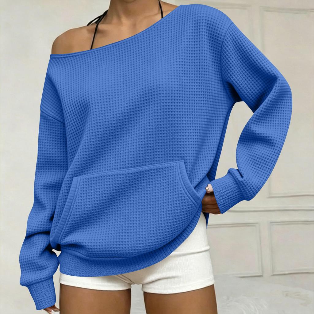Women's Fashion Casual Off-Shoulder Long Sleeve Knit Sweatshirt with Pockets