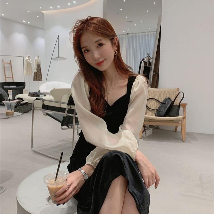 

Hepburn style little black dress golden velvet dress women s spring French v-neck bubble sleeve long dress slim hip skirt 2XL чорний