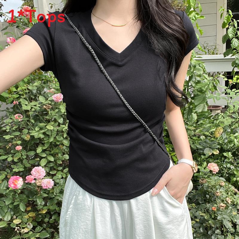 Plain Cotton Short Sleeve T Shirt With Pleated Detail For Casual Wear