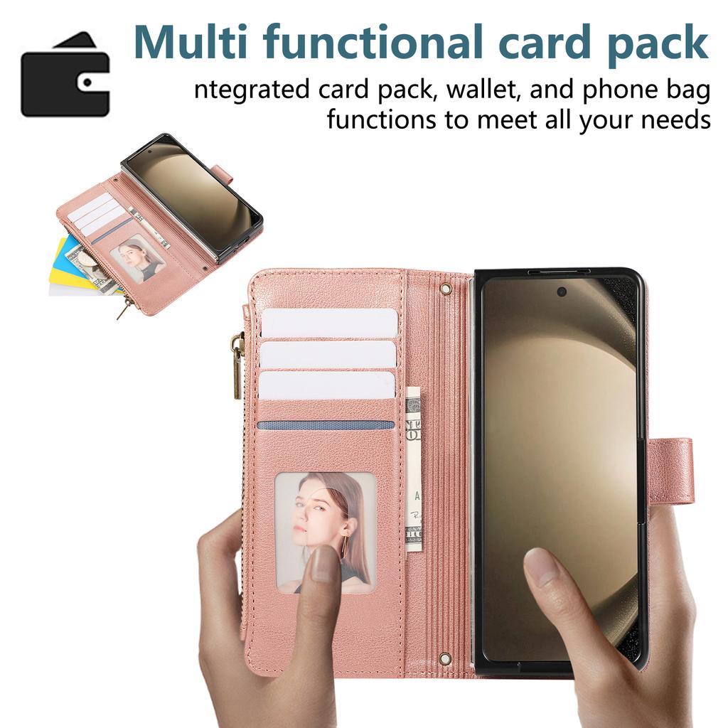 For Samsung Galaxy Z Fold7 5G Case Multi Card Slots Zipper Leather Phone Cover with Wrist Strap