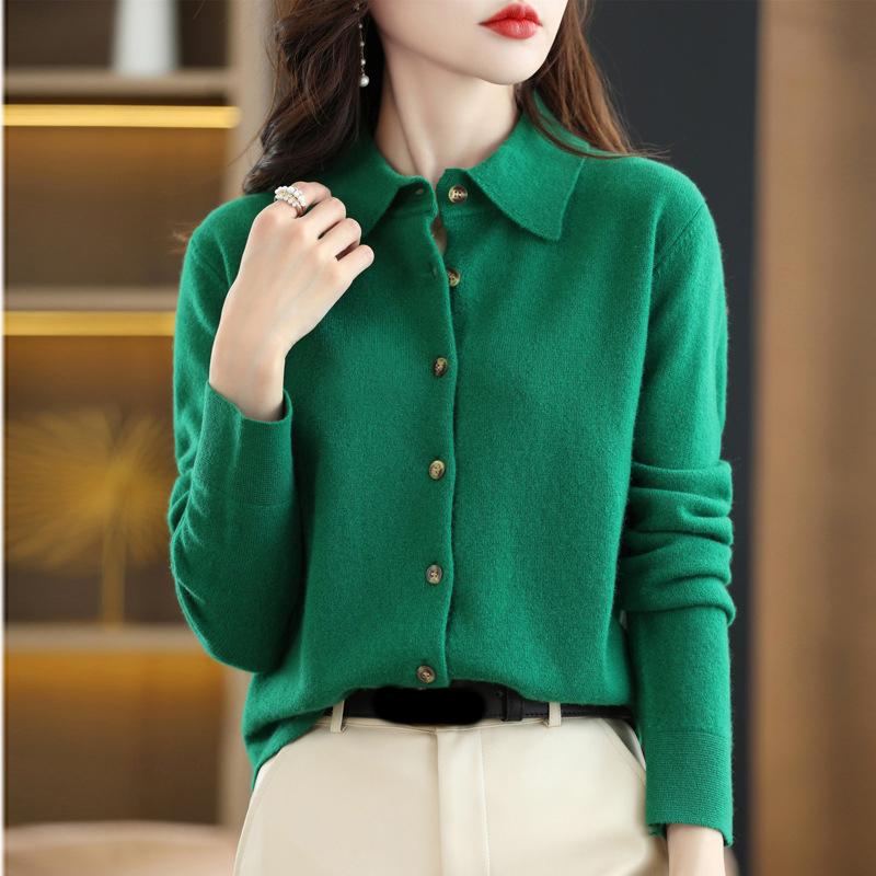 

Women s POLO Collar Knitted Cardigan Basic Versatile Top Spun Wool Jacket Elegant Single Breasted Sweater 2XL