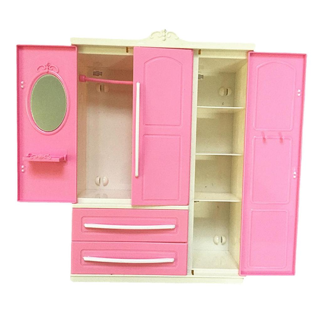 Pink Doll Wardrobe Storage Cabinet Scenery Play House Furniture with 10 Clothes Hangers Accessories