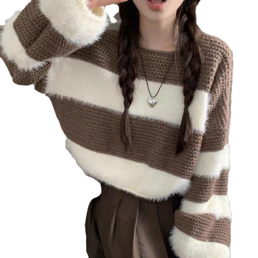 Stripet genser for kvinner for vår og høst, fasjonabelt nytt design, løstsittende strikket topp